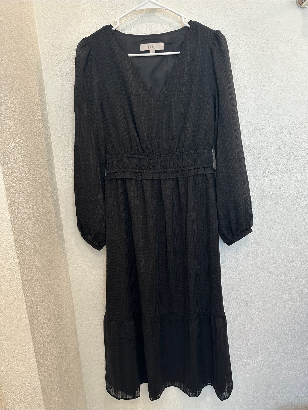 LOFT Black Long-Sleeve V-Neck Tiered Midi Dress